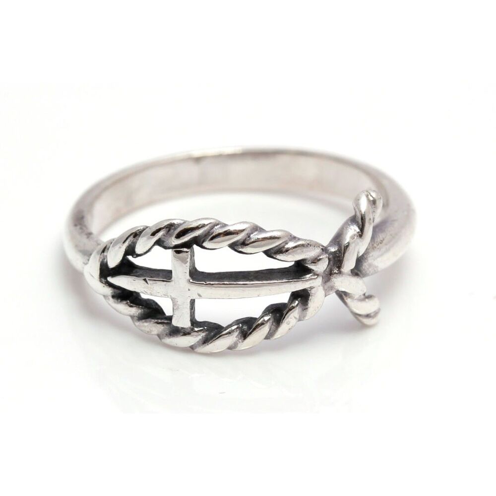 Retired James Avery Sterling Silver Twisted Rope Ichthus and Cross Ring size 6